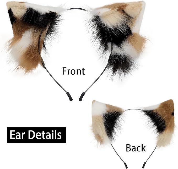 QinRuan Animal Cosplay Costume Accessories Furry Faux Fur Cat Ears Headband and Fox Tail Set Halloween Accessory