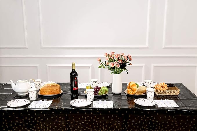 4 Pack Plastic Tablecloths for Rectangle Tables, Black and Gold Waterproof Disposable Party Table Cloths, Table Covers for Decorations, New Year Graduation Birthday Cocktail, 54" x 108"