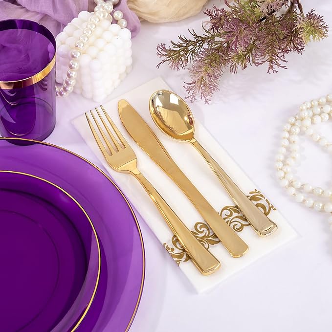 YOUBET 175PCS Purple Plastic Plates - Purple and Gold Disposable Plates Include 50 Plate, 75 Silverware, 25 Cups, 25 Napkins for Wedding & Party