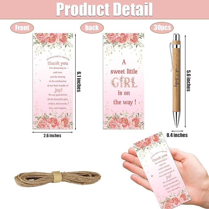 Toerifer 30 Pcs Floral Baby Shower Gifts, Gender Reveal Favors for 30 Guest, Baby Shower Sets, Included Bamboo Pens Thanks Cards, Gender Reveal Souvenirs Prizes, Pink Flower Girls Party Decorations