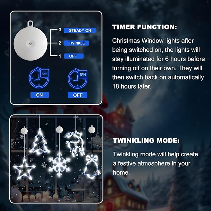 5Pack Christmas Window Lights Decorations with Timer,Battery Powered Christmas Hanging White Lighted Snowflake Tree Star Deer Bells Shaped LED Sucker for Xmas Fireplace Window Indoor Decor