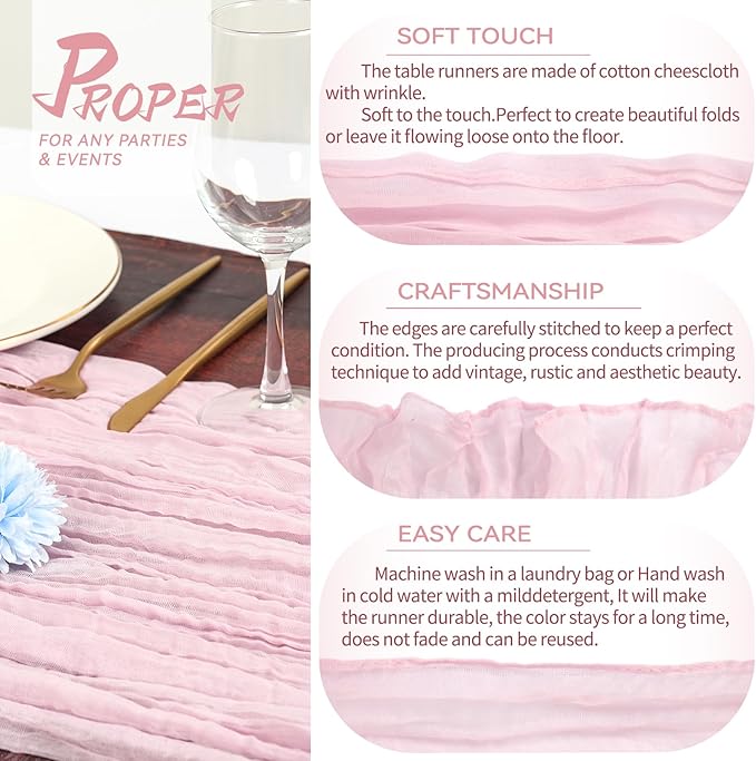10 Packs Pink Cheesecloth Table Runner Baby Pink, 35x120 inch Rustic Gauze Boho Wedding Table Runner Decoration, Wedding Table Decor Table Cloth for Wedding Party Bridal Shower Table