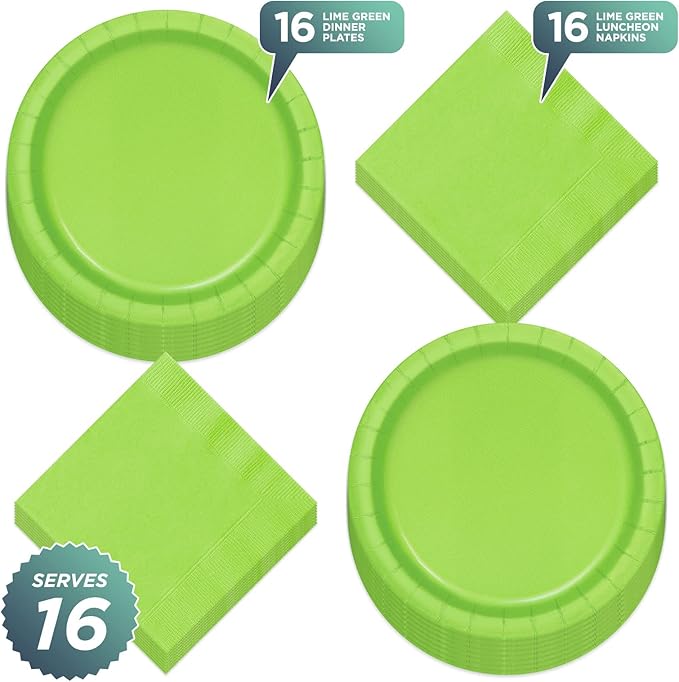 Solid Lime Green Paper Dinner Plates and Luncheon Napkins, Green Party Supplies and Table Decorations (Serves 16)