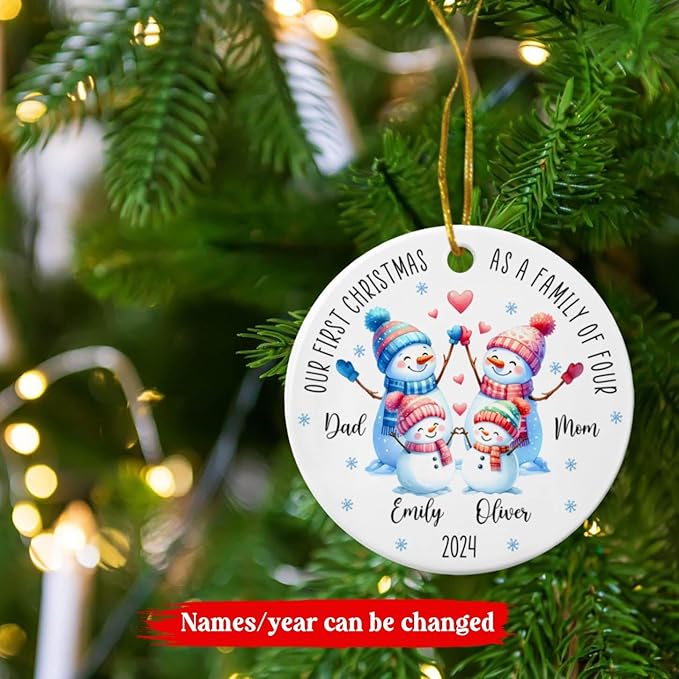 Our First Christmas as A Family of Four Ornament, Personalized Family of 4 Snowman Ceramic Ornament Xmas 2025, 1st Xmas as Family of 4 Snowman Keepsake Gifts, Custom Names Snowman Family Ornament