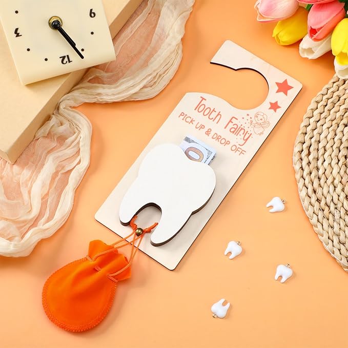 Tooth Fairy Holder Bag Hanger with Money Slot Keepsake Bottle Velvet Pouch Tooth Fairy Box Encourage Gift for Lost Teeth Boy Girl Milk(Classic,Orange)