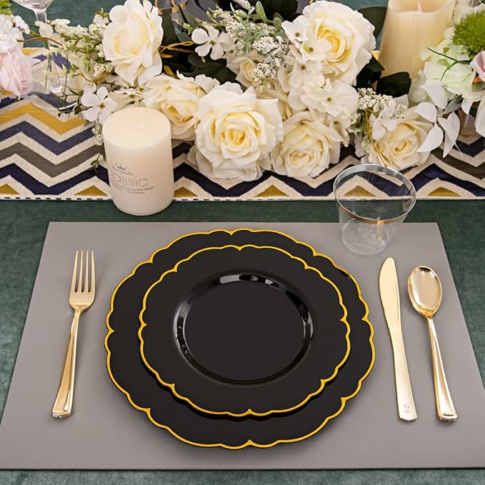 Morejoy 175PCS Black Gold Plastic Plates, Black Plate with Rolled Napkins: 50 Plates, 25 Spoons, 25 Forks, 25 Knives, 25 Cups for Wedding & Party & Birthday & New Year & Halloween