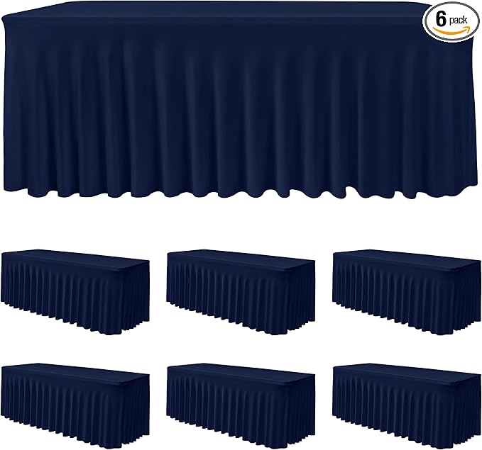 HolidayIdeas 6 Pack 6ft Spandex Table Covers for Event, Fitted Stretch Table Skirts 30x72 Inch, Wrinkle-Free Floor Length Tablecloths for Weddings Parties Banquets Events, Navy