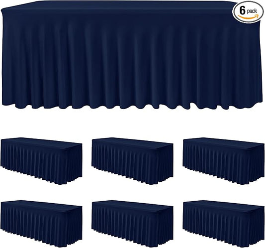 HolidayIdeas 6 Pack 6ft Spandex Table Covers for Event, Fitted Stretch Table Skirts 30x72 Inch, Wrinkle-Free Floor Length Tablecloths for Weddings Parties Banquets Events, Navy