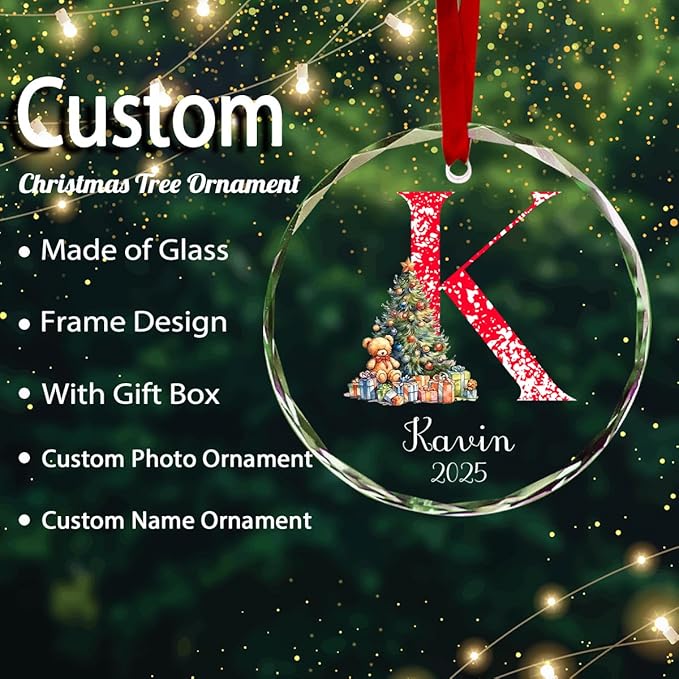 Personalized Round Christmas Crystal Glass Ornaments Custom 2025 Name Ornament for Christmas Tree Decorations Customized Xmas Tree Hanging Gifts for Family Friends
