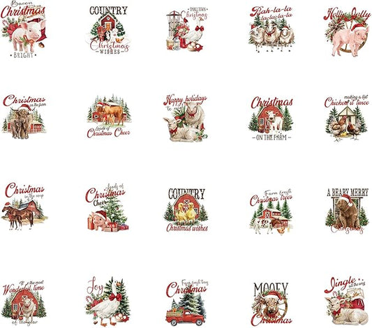 Christmas UV DTF Stickers - 80 Pcs Christmas Farm Animals Uvdtf Decals for Motel Keychain Xmas Highland Cow Horse UV DTF Wraps Sticker Waterproof Hotel Keychain Transfers Stickers