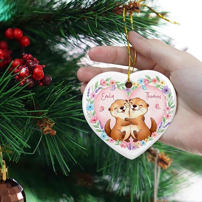 Couple Otter Together Ornament Christmas, Personalized Hugging Otters Ceramic Xmas Ornament, Gift for Couple Newlyweds Boyfriend Girlfriend, Custom Names Mr & Mrs Otter Married Ornaments Xmas