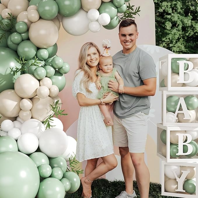 Sage Green White Balloon Baby Shower Decorations, 132Pcs Sage Green Balloon Arch Garland Kit Baby Box with Letters for Boy Girl Boho Baby Shower Gender Reveal Birthday Party Decorations