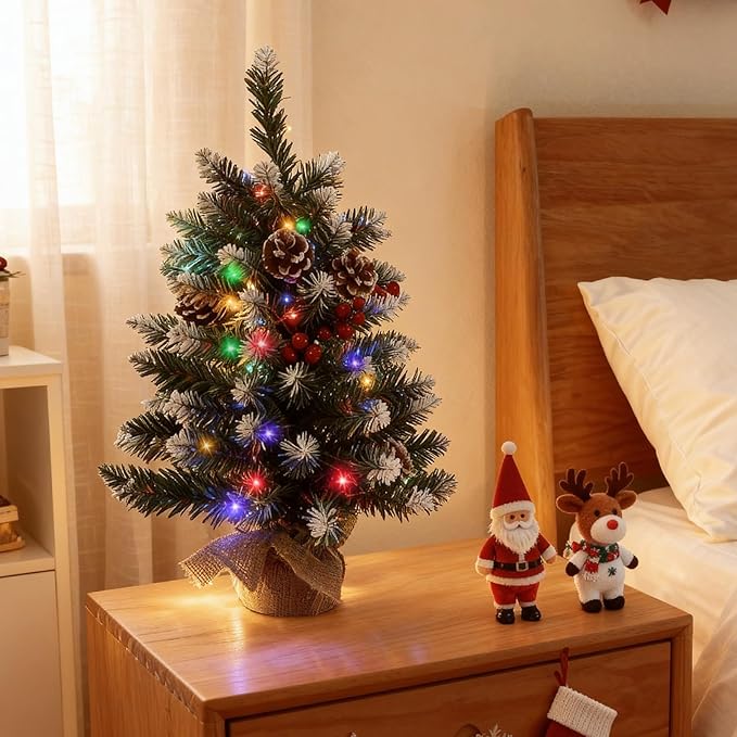 Joyhalo 2ft Small Christmas Tree with Lights Multicolor and Warm White, Flocked Pre Lit Table Top Christmas Tree, 80 Branches Mini Xmas Tree for Room Office Classroom Decoration
