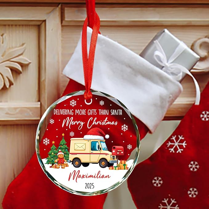 2025 Personalized Mail Carrier Christmas Glass Ornament, Delivering More Gifts Than Santa Merry Christmas Ornament Gift for Postal Worker, Custom Name & Year Mailman Ornaments Xmas Tree Decor