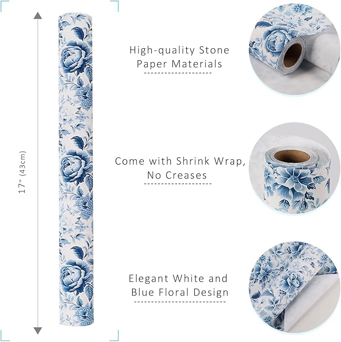 BIOBROWN Floral Wrapping Paper Roll - 17 Inches X 33 Feet (47 sq. ft. ttl.) Blue White Peony Design Chinoiserie Flower Gift Wrap Stone Paper for Wedding, Bridal Shower Favors, Mother's Day