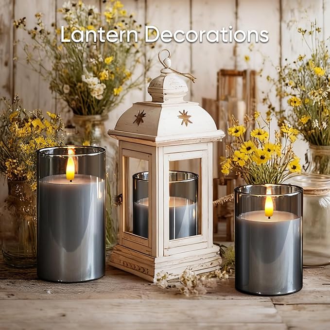 5plots Flameless Battery Operated Candles Set of 3, Gray LED Candles with Remote Timer, Real Wax Glass Pillar Candles Warm Flickering Light for Indoor Home, Halloween, Christmas Decor D3 x H4 5" 6"