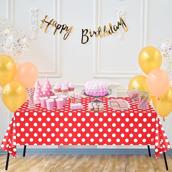WNINK 4 Pack Red and White Polka Dot Tablecloths – Disposable Plastic Waterproof Table Cover, 54" x 108", for Birthday, Wedding, Bridal Shower, Bachelor Party, and Picnic