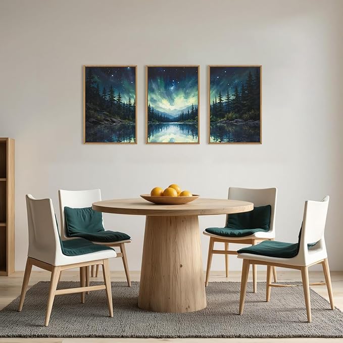 HOURIA Northern Lights Forest Lake Framed Canvas Wall Art Set,Aurora Borealis Mountain Wall Decor,Night Sky Reflective Water Artwork,Modern Wilderness Landscape Prints for Living Room,Office-16"x24"x3