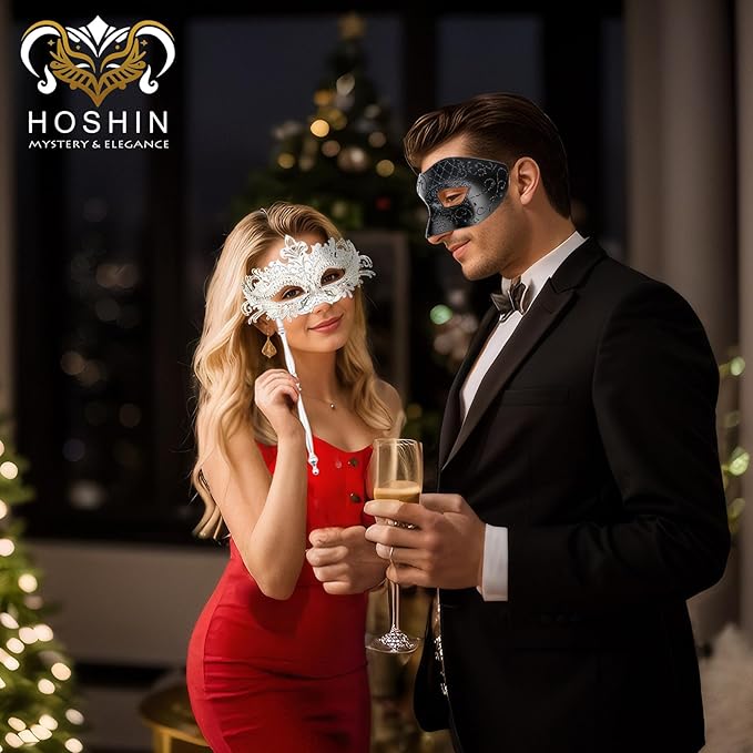 Hoshin Masquerade Mask for Couple, Mardi Gras Deecorations Venetian Masks with Stick for Womens