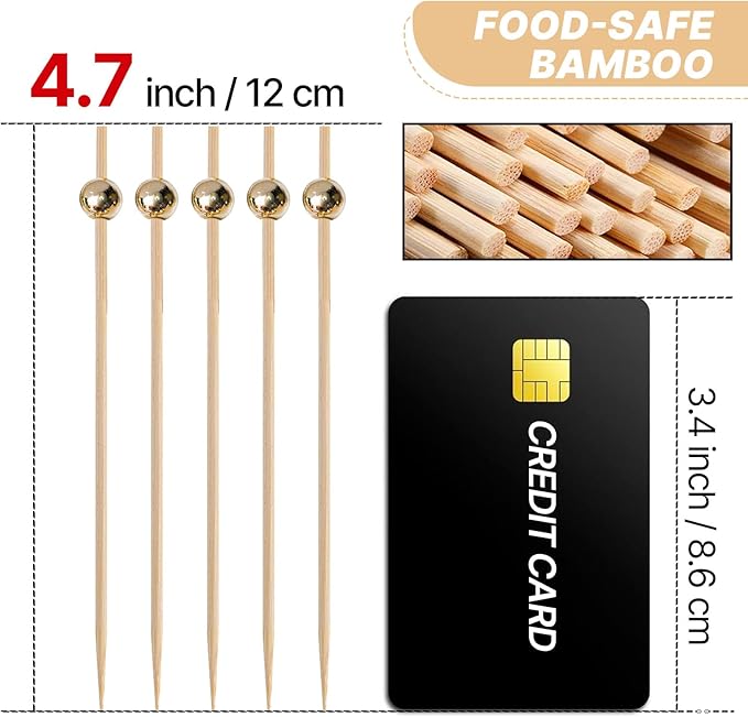 PuTwo Cocktail Picks 4.7 Inch 200pcs Bamboo Fancy Skewers Toothpicks for Appetizers Gold Pearl Toothpicks for Food Drink Fruit Sandwich BBQ Charcuterie Boards Accessories Birthday Party Supplies