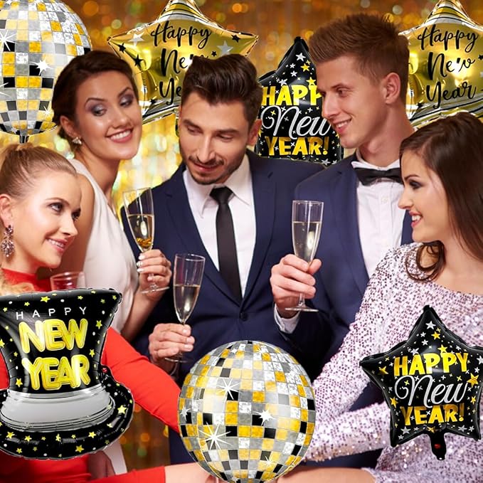 7pcs 22 Inch Happy New Year Balloons, Disco Ball Balloons And Star Foil Balloon For 2026 New Years Eve Party Supplies