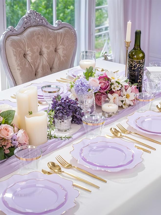 WDF 175Pcs Purple Plates Disposable - Lavender Plastic Plates 25guest Plastic Dinnerware Ideal for Birthday Party/Wedding/Spring/Picnic