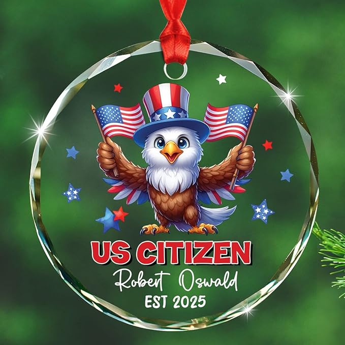 Novelty Owl US Citizen Glass Xmas Ornament Gift for New U.S. Citizenship, Personalized Year Name New American Citizen Christmas Ornament 2025, Custom USA Citizens Hanging Ornament Gift for Patriotic