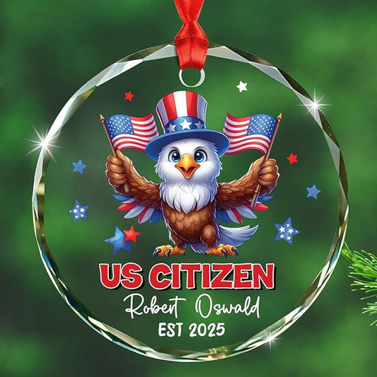 Novelty Owl US Citizen Glass Xmas Ornament Gift for New U.S. Citizenship, Personalized Year Name New American Citizen Christmas Ornament 2025, Custom USA Citizens Hanging Ornament Gift for Patriotic