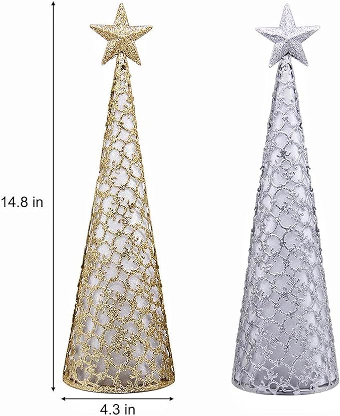 Juegoal Lighted Christmas Table Decorations with Star and 10 LED Lights Battery Operated, Indoor Xmas Thanksgiving Holiday Wedding Party Tabletop Desk Ornament, Set of 2 (Gold, Silver)