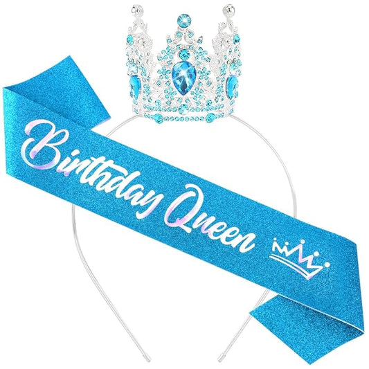 Birthday Queen Sash for Women Tiara & Crowns Headbands for Girls Happy Birthday Party Accessories Favor Supllies Leona Blue Silver Pink, 2 Pack