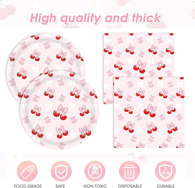 41Pcs Cherry Party Decorations,She's The Cherry On Top Theme Tableware,Cute Pink Bow Cherry Plates,Napkin,Tablecloth丨Girls Birthday Baby Shower Bachelorette Bridal Engagement Wedding Party Supplies