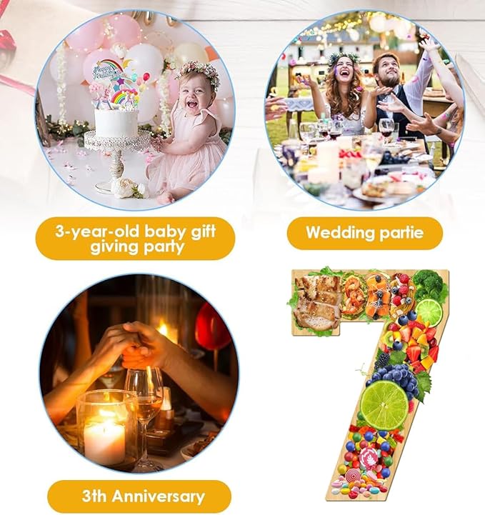 15.8'' Wood Number Charcuterie Fillable Board Box, Reusable Alphabet Number Shaped Form Tray for Anniversaries, Serving Tray for Birthday Party Decor Serving Plates Display Candy Cake (Number 7)