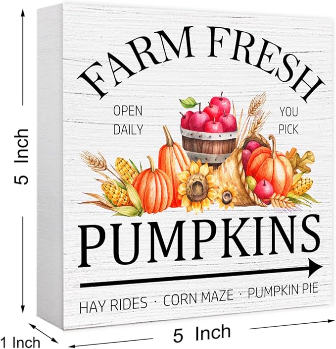 Funny Autumn Wood Box Sign Fresh Pumpkins Wooden Block Desk Decor for Home Office Kitchen Cubicle Table Shelf Tabletop,Farmhouse Fall Sign Decor