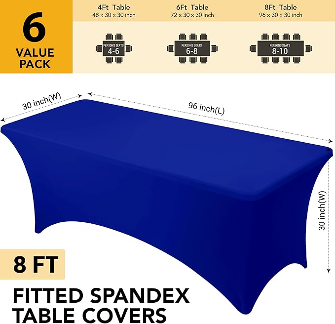 6-Pack Premium Royal Blue Spandex Tablecloths for 8ft Rectangle Tables, Stain & Wrinkle-Resistant, Washable Stretch Polyester Fitted Table Cover for Weddings, Banquets, Trade Shows Events