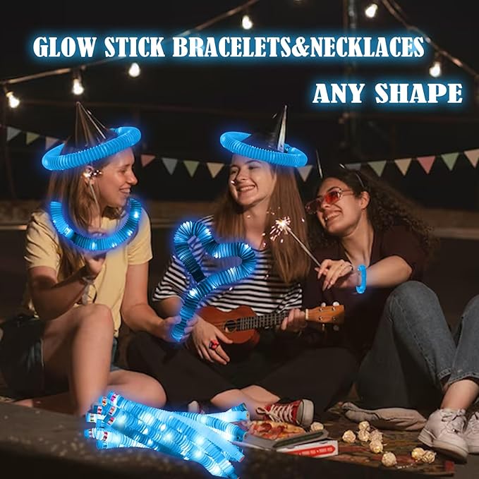 Blue 24PCS Light Up Pop Fidget Tubes Party Favors-Glow in The Dark Party Supplies for Kids and Adults, Perfect for Festivals, Birthday Parties, Raves, Concerts, and Camping Decorations