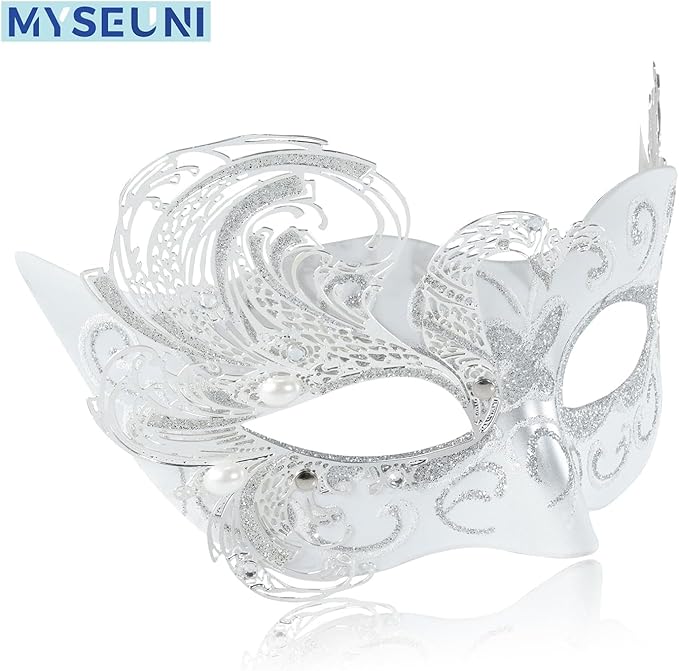 2025 New White Masquerade Mask for Women-Peacock Metal Masquerade Venetian Mask Silver- Masks for Women Butterfly - Mardi Gras, Halloween Parties, Costume Party, Carnivals, Wedding