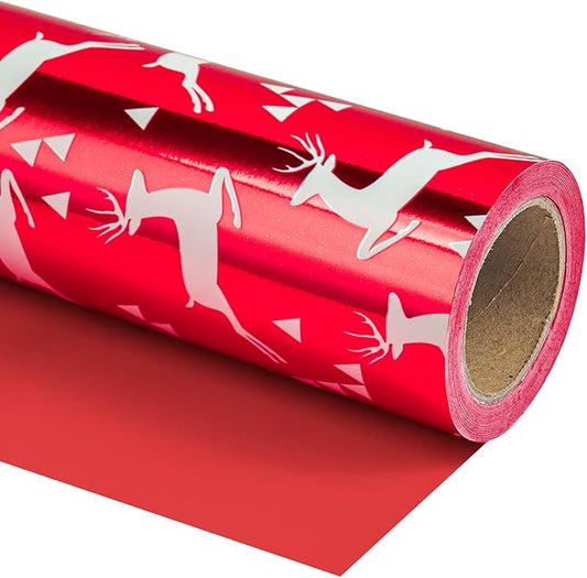WRAPAHOLIC Reversible Red Christmas Wrapping Paper - Mini Roll - 17 Inch x 33 Feet - Reindeer Wrapping Paper and Solid Red Design with Metallic Foil Shine for Christmas, Holiday, Party