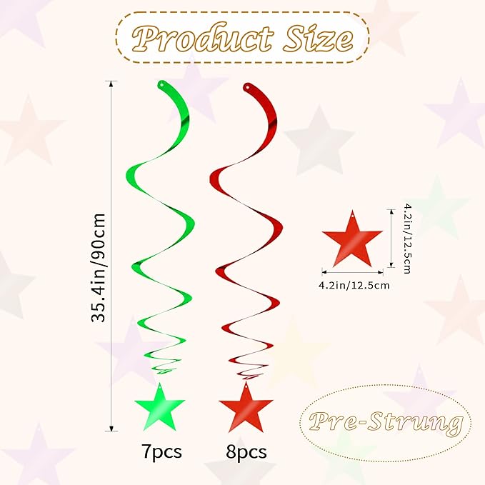BEISHIDA Red Green Star Hanging Swirl Decorations, Birthday Hanging Party Supplies for Christmas Wedding Baby Shower Birthday Decorations,Pack of 15