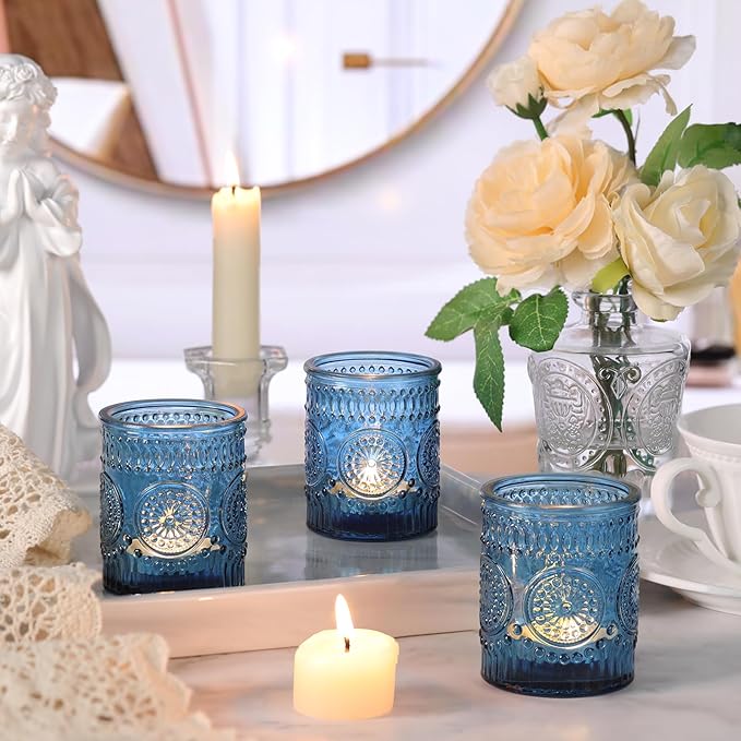 Blue Votive Candle Holder Set of 12, Glass Tea Lights Candle Holders for Wedding Table Centerpieces, Birthday Parties, Home Decor and Holiday Decor