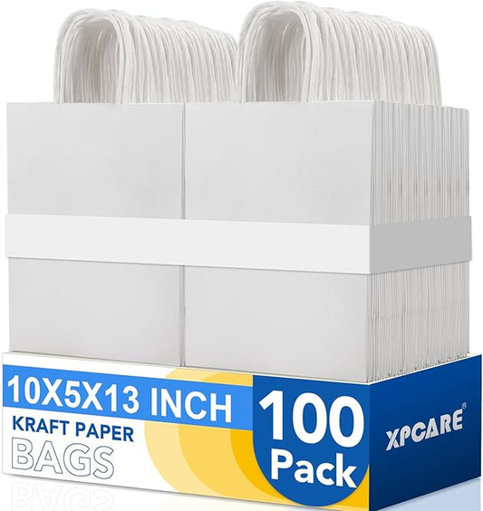 XPCARE White Paper Bags, 100 Packs 10x5x13 Inch Gift Bags with Handles Bulk Paper Bags with Handles Retail Kraft Paper Bag White Gift Bag for Wedding Party Shopping