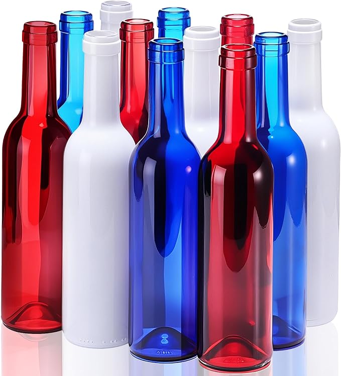 Rtteri 24 Pcs Decorative Colored Wine Bottles 375ml Empty Glass Bottles for Flowers Wedding Decor Centerpiece Christmas Party Favor DIY Crafts (Red,Blue,White)