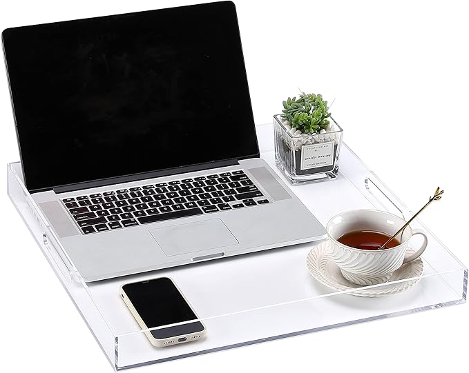 Large Clear Acrylic Serving Tray with Handles-19x19x2H Inch Big Size Spill Proof Tray for Ottoman,Coffee Table, Breakfast, Tea, Food, Butler -Safe Edge Organizer- Decorative