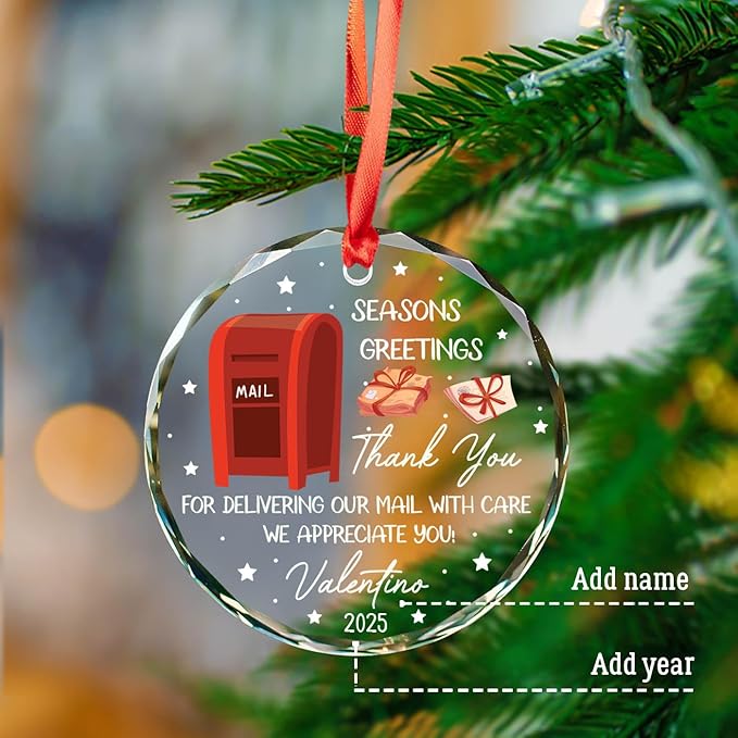 Personalized Thank You Mail Carrier Ornament Xmas 2025, Seasons Greetings Christmas Glass Ornament Gifts for Mailman Postal Worker & Driver, Custom Name & Year Mail Carrier Ornaments Xmas Tree Decor