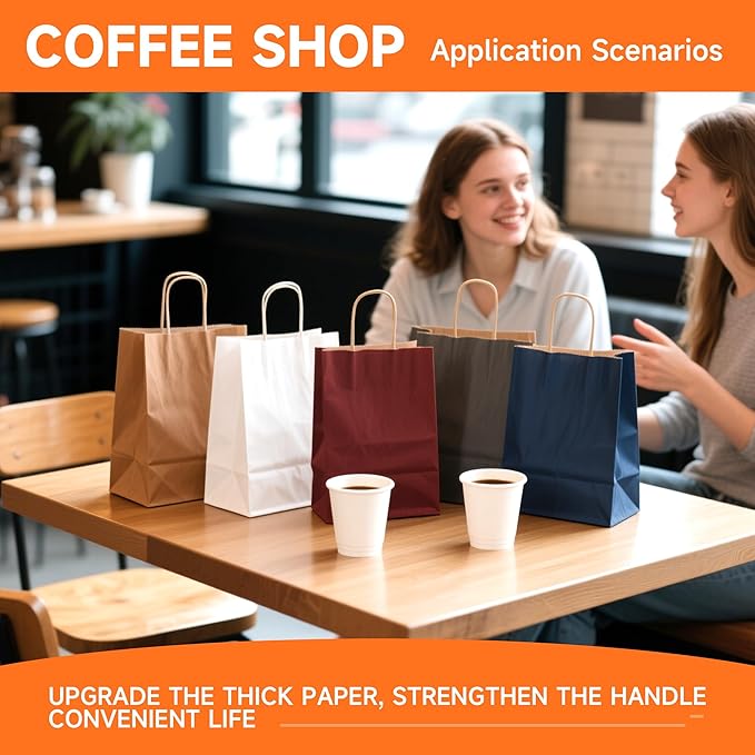 METAPRINT 100 Pack Medium 8x4.5x10.8 Inch Blue Kraft Paper Bag with Handles Bulk, Gift Bags, Craft Grocery Shopping Retail Party Favors Wedding Bags Sacks