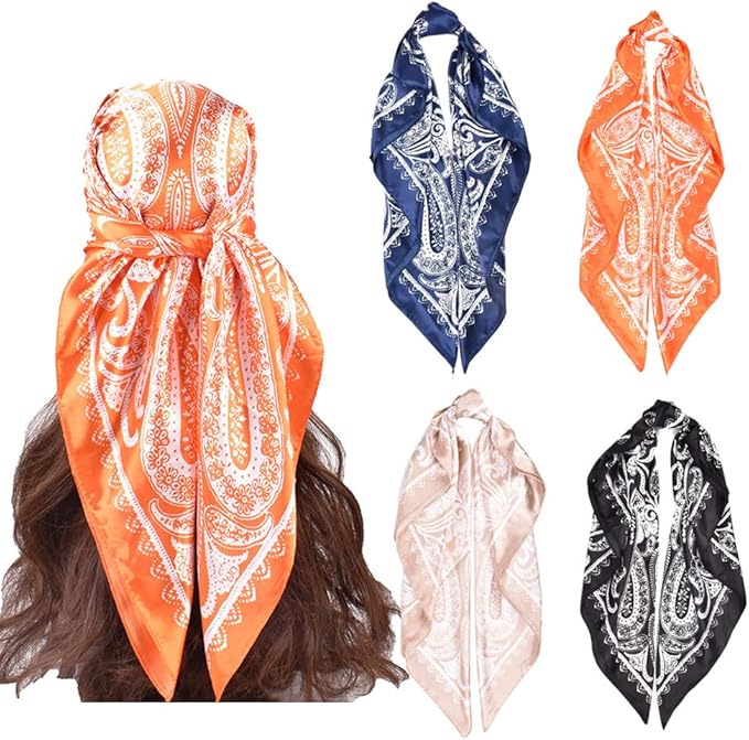 4Pcs Silk Head Scarves for Women Satin Hair Scarf 35”Large Square Bandana Silk Like Neck Scarf Shawl