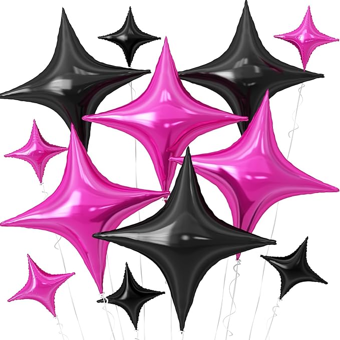 Hot Pink Black Star Balloons,12Pcs Four Angle Star Foil Balloons,26Inch and 10Inch Black and Pink Quadrangle Helium Balloon for Birthday Anniversary Party Decorations