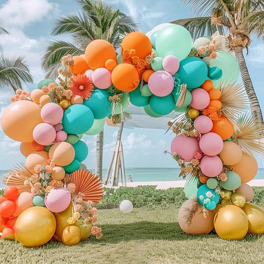 Pinbra Pastel Balloons Garland Kit Coral Pink Teal Blue Balloons Double Stuffed Light Green Orange Gold Metallic Latex Arch for Tropical Hawaii Luau Birthday Baby Shower Christmas Party Decorations