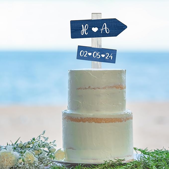 Personalized Ocean Themed Wedding Cake Topper in Wood Custom Bride & Groom Names Initials Wedding Date Cake Decoration (Navy)
