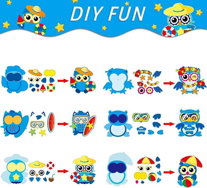 chiazllta 30 PCS Summer Craft Kits Kids DIY Hawaii Aloha Owl End of School Year Craft Preschool Art Craft, Make Your Own Bulk Set for Home Classroom Day-Care Game Activities Summer Party Favors