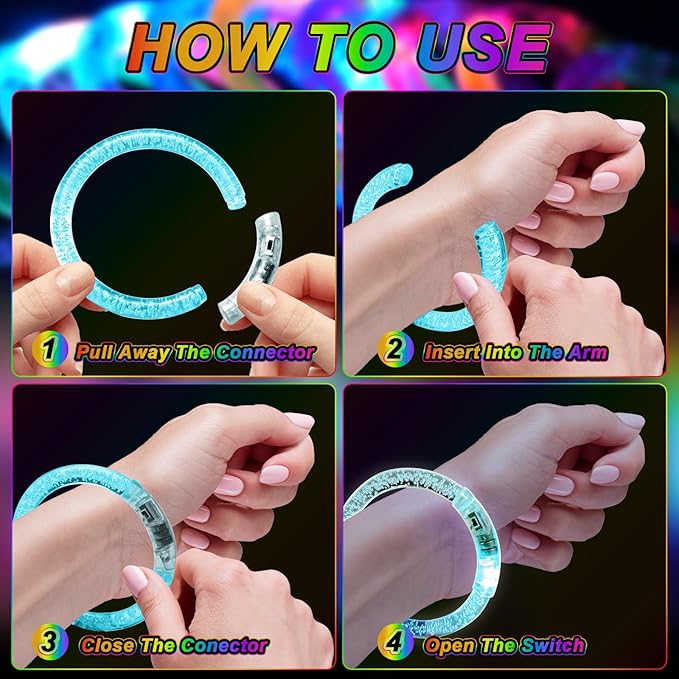90 Pack Glow Bracelets, Glow in the Dark Party Supplies, 6 Color LED Light Up Bracelets for Adults & Kids Birthday Party Favors, Concert, New Year, Carnival, Raves